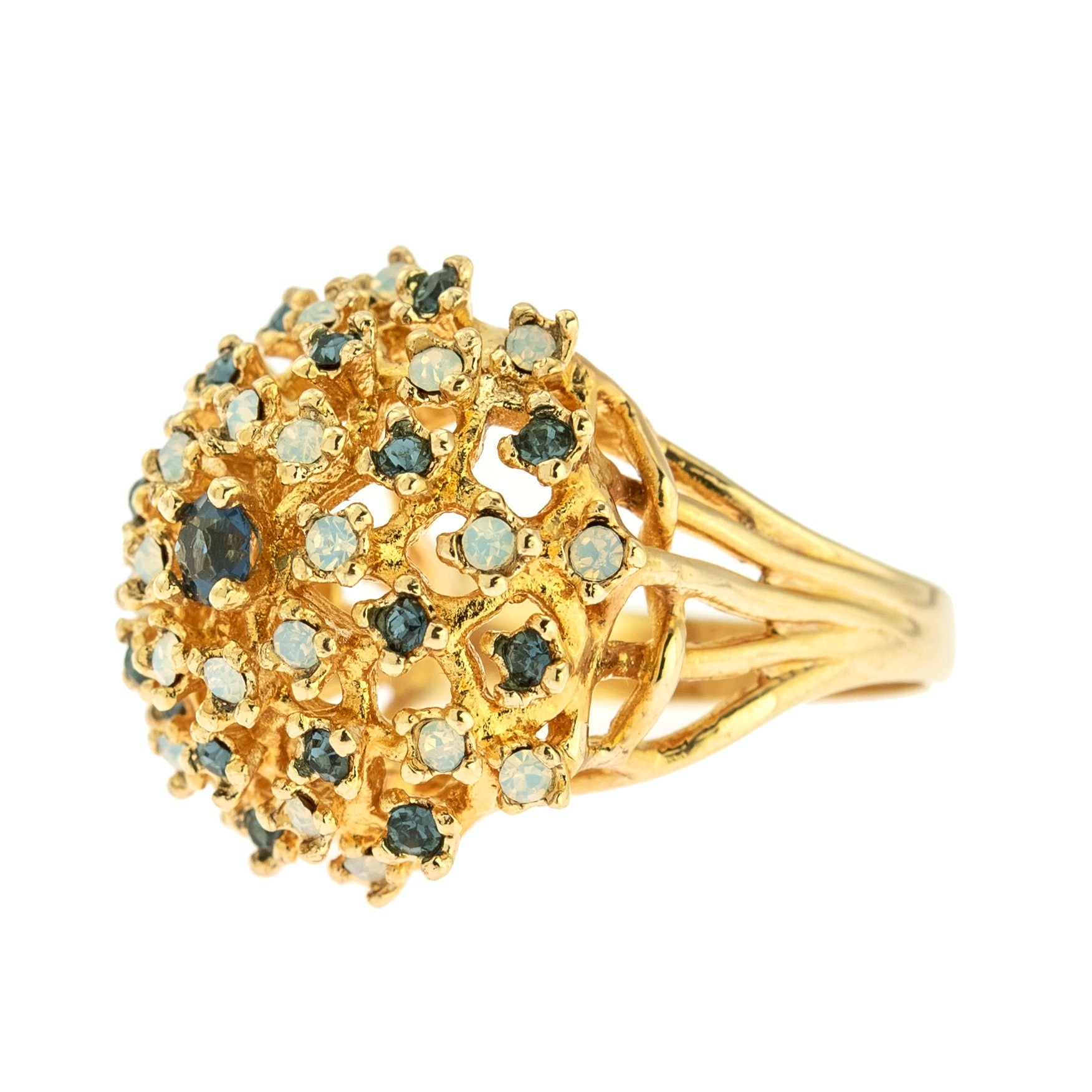 Vintage Dome Cocktail Ring with Pinfire Opals and Sapphire Crystals - 18k Gold Electroplated jewelry image 1