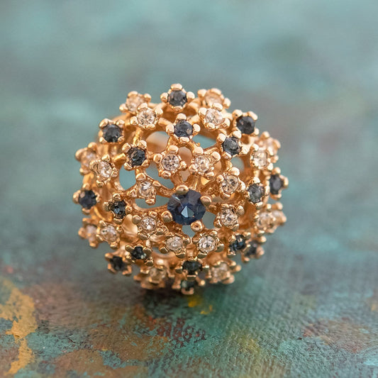 Vintage Sapphire and Clear Austrian Crystal Burst Ring - 18k Yellow Gold Electroplated - Made in USA jewelry image 1