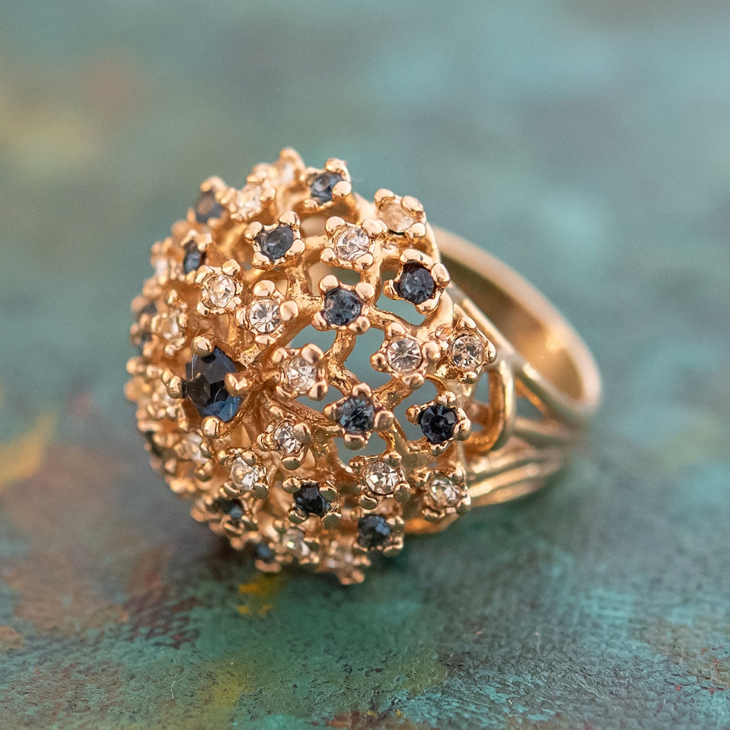 Vintage Sapphire and Clear Austrian Crystal Burst Ring - 18k Yellow Gold Electroplated - Made in USA jewelry image 1