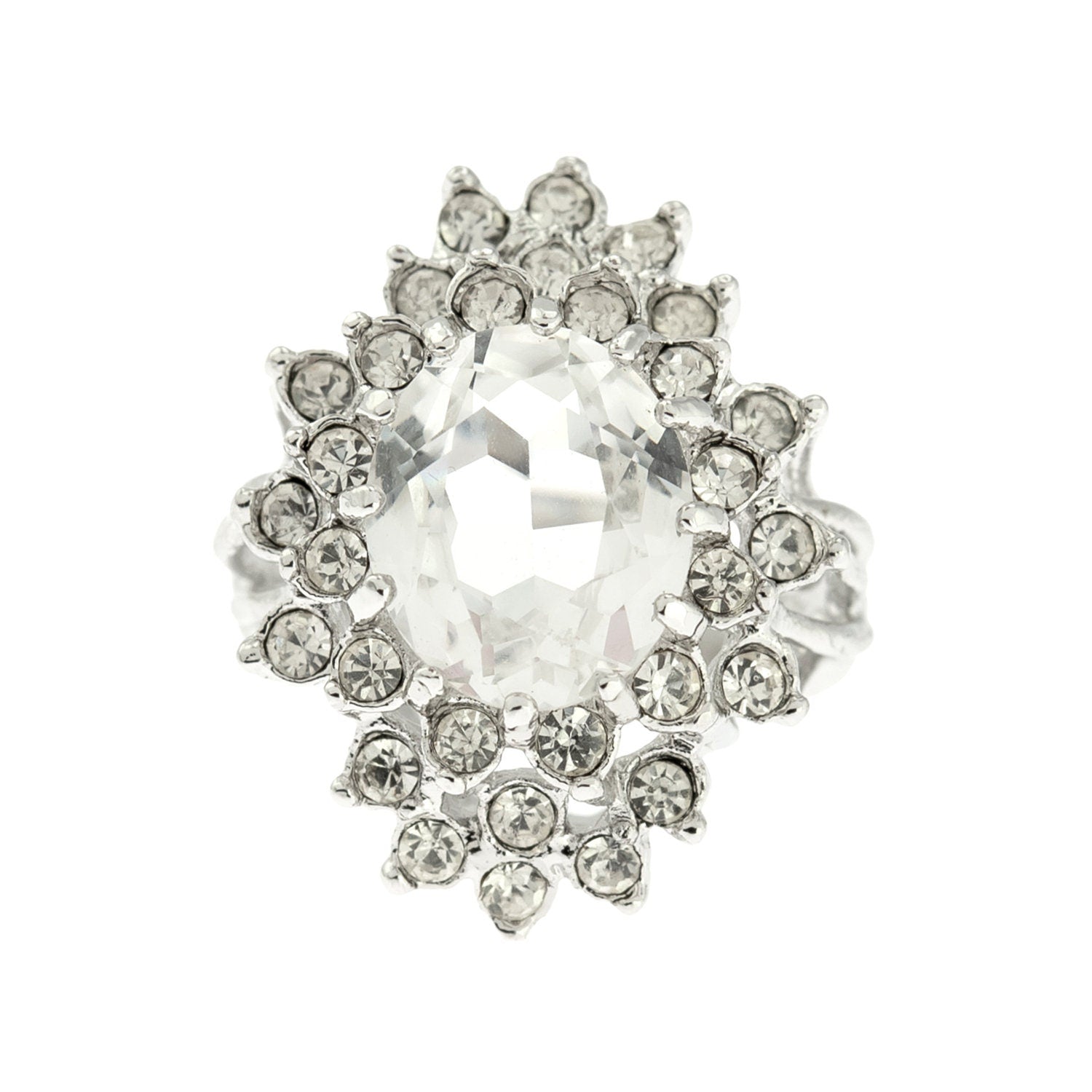 Vintage Clear Austrian Crystal 18k White Gold Electroplated Cocktail Ring - Made in USA jewelry image 1