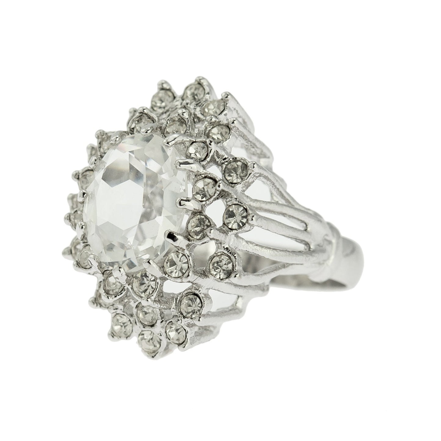 Vintage Clear Austrian Crystal 18k White Gold Electroplated Cocktail Ring - Made in USA jewelry image 1