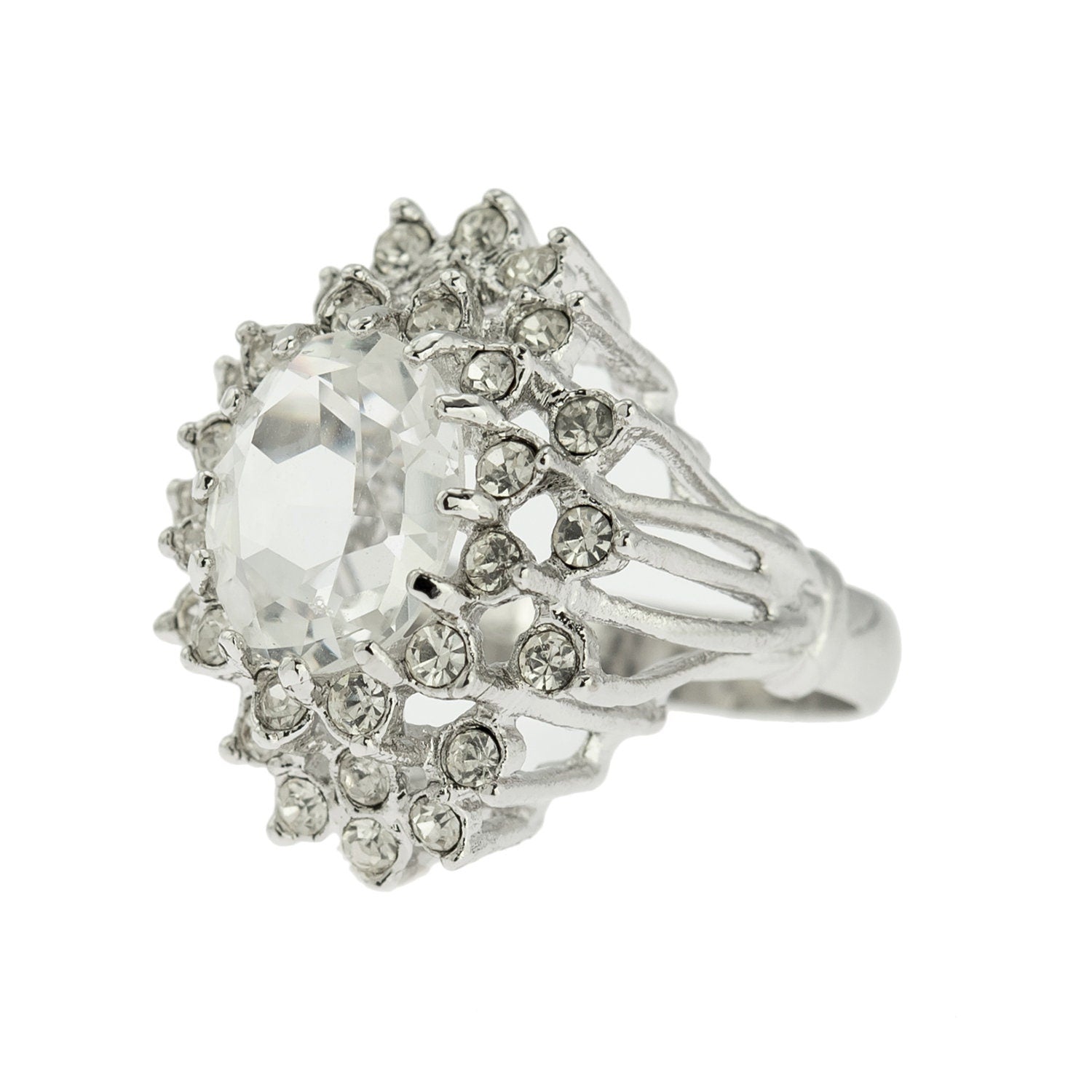 Vintage Clear Austrian Crystal 18k White Gold Electroplated Cocktail Ring - Made in USA jewelry image 1