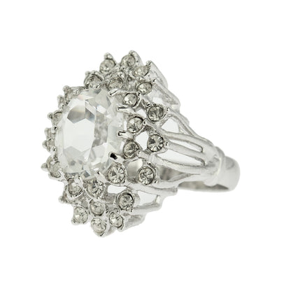 Vintage Clear Austrian Crystal 18k White Gold Electroplated Cocktail Ring - Made in USA jewelry image 1