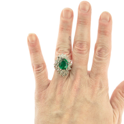 Vintage Emerald and Clear Austrian Crystal 18k White Gold Electroplated Cocktail Ring Made in USA jewelry image 1