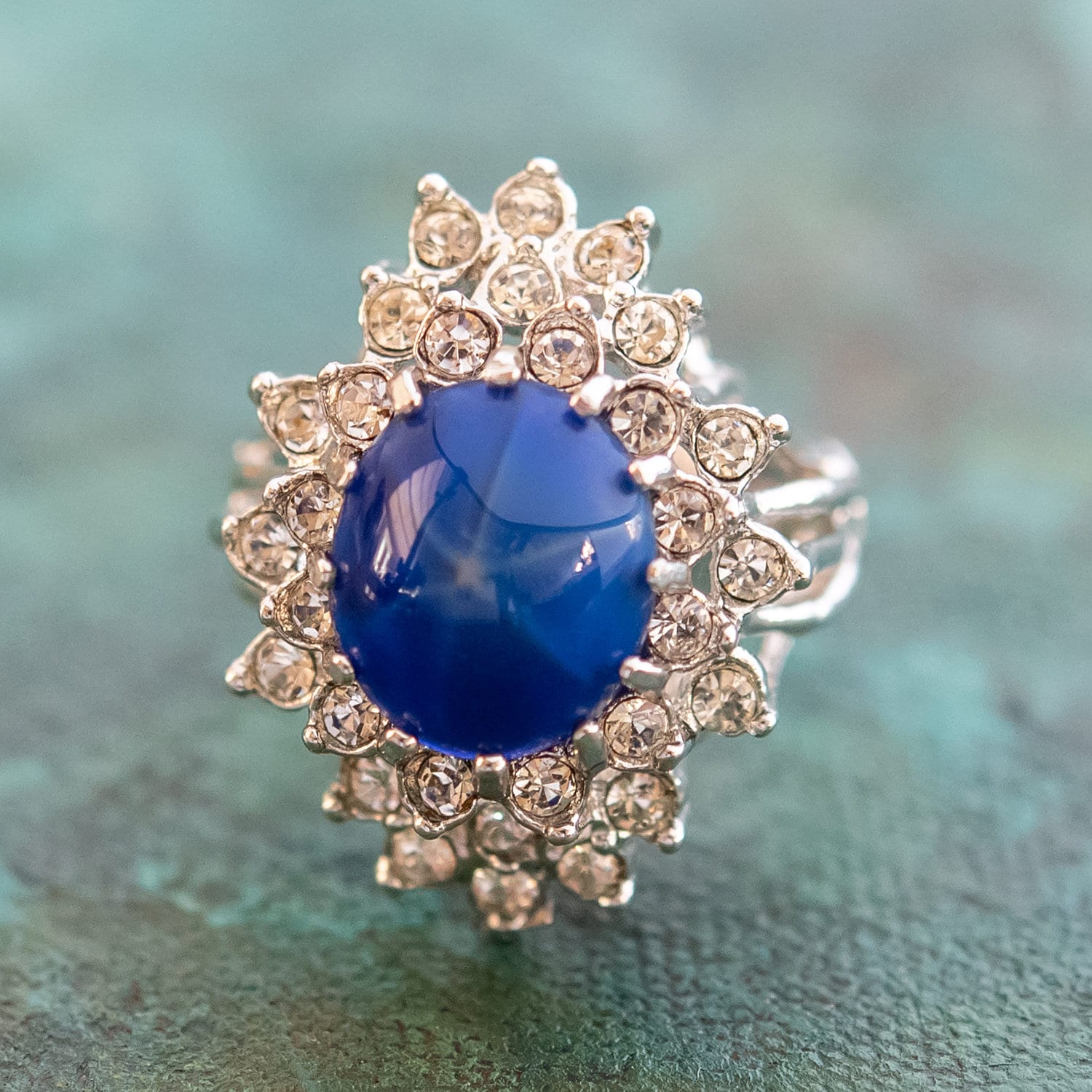 Vintage Blue Star Sapphire 18k White Gold Electroplated Cocktail Ring - Made in USA jewelry image 1