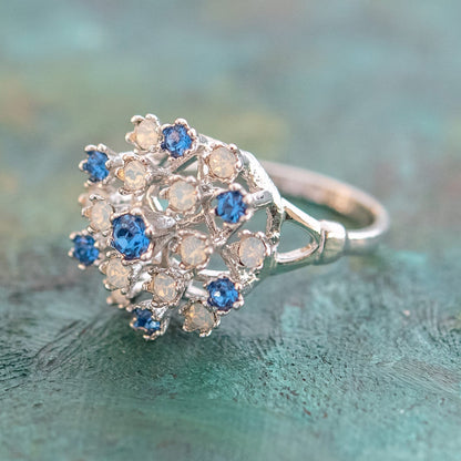 Vintage Sapphire Austrian Crystal and Pinfire Opal Cocktail Ring - 18k White Gold Electroplate - Made in USA jewelry image 1