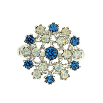 Vintage Sapphire Austrian Crystal and Pinfire Opal Cocktail Ring - 18k White Gold Electroplate - Made in USA jewelry image 1