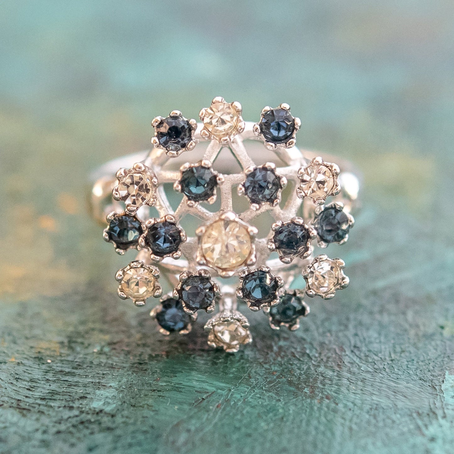 Vintage Crystal and Sapphire Austrian Crystal Pinfire Opal Cocktail Ring - 18k White Gold Electroplate - Made in USA jewelry image 1