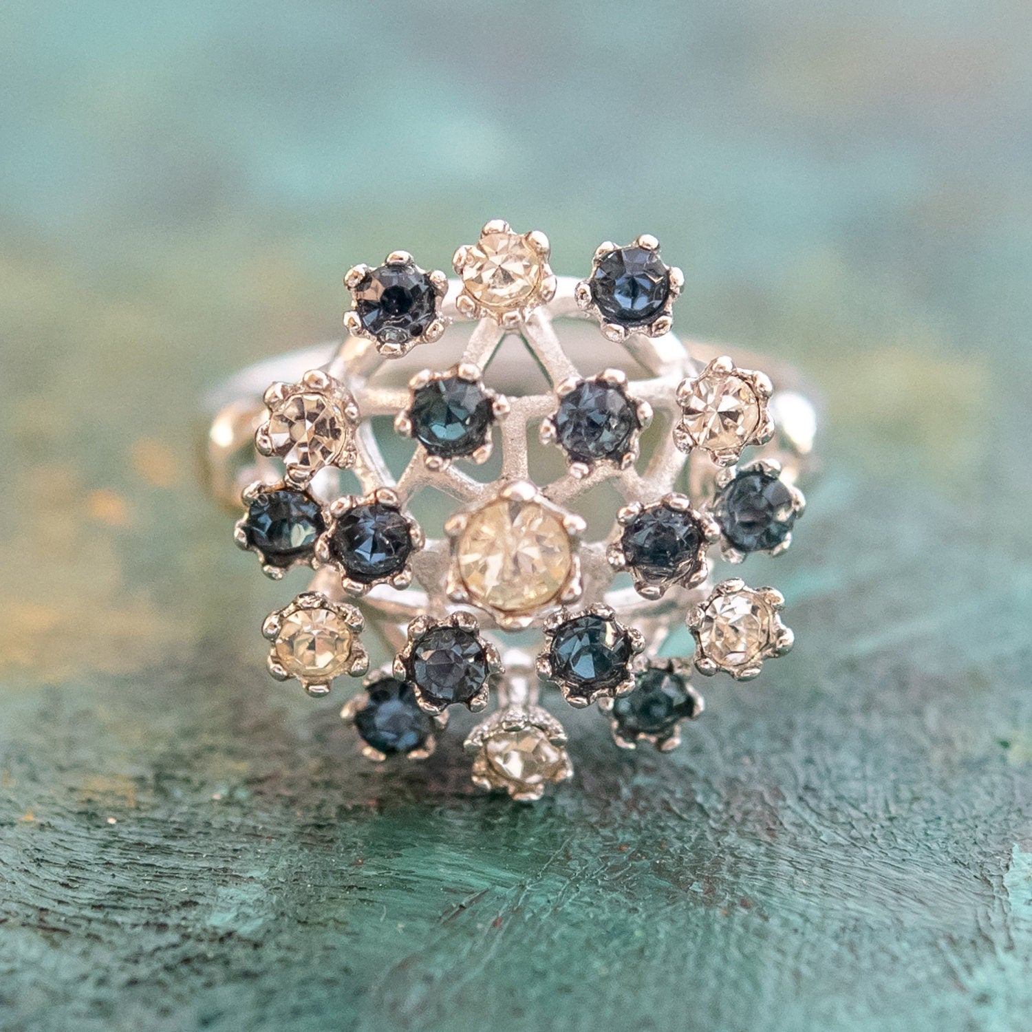 Vintage Crystal and Sapphire Austrian Crystal Pinfire Opal Cocktail Ring - 18k White Gold Electroplate - Made in USA jewelry image 1