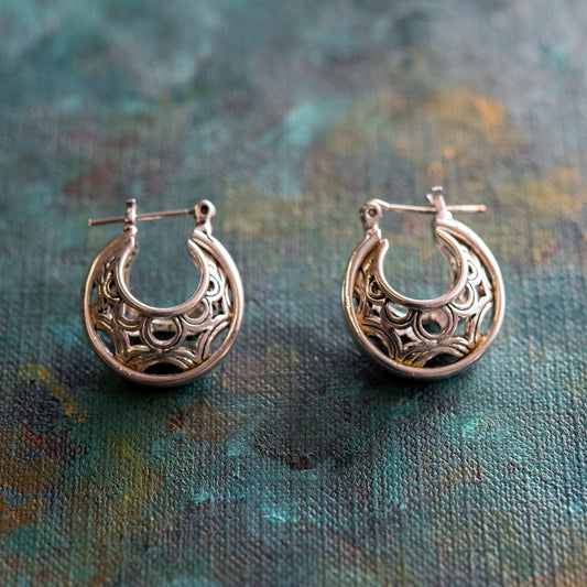 Vintage Oscar de la Renta Antiqued Silver Tone Filigree Hoop Earrings jewelry image 1