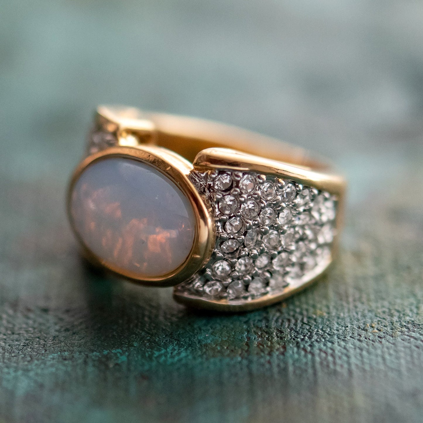 Vintage Genuine Pinfire Opal & Clear Austrian Crystal Cocktail Ring – 18k Yellow Gold Electroplated jewelry image 1