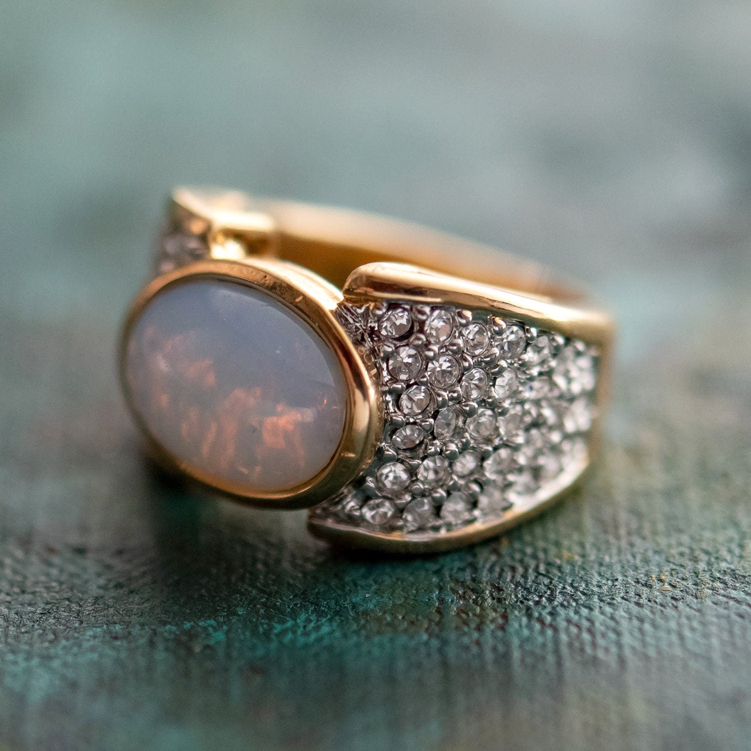 Vintage Genuine Pinfire Opal & Clear Austrian Crystal Cocktail Ring – 18k Yellow Gold Electroplated jewelry image 1