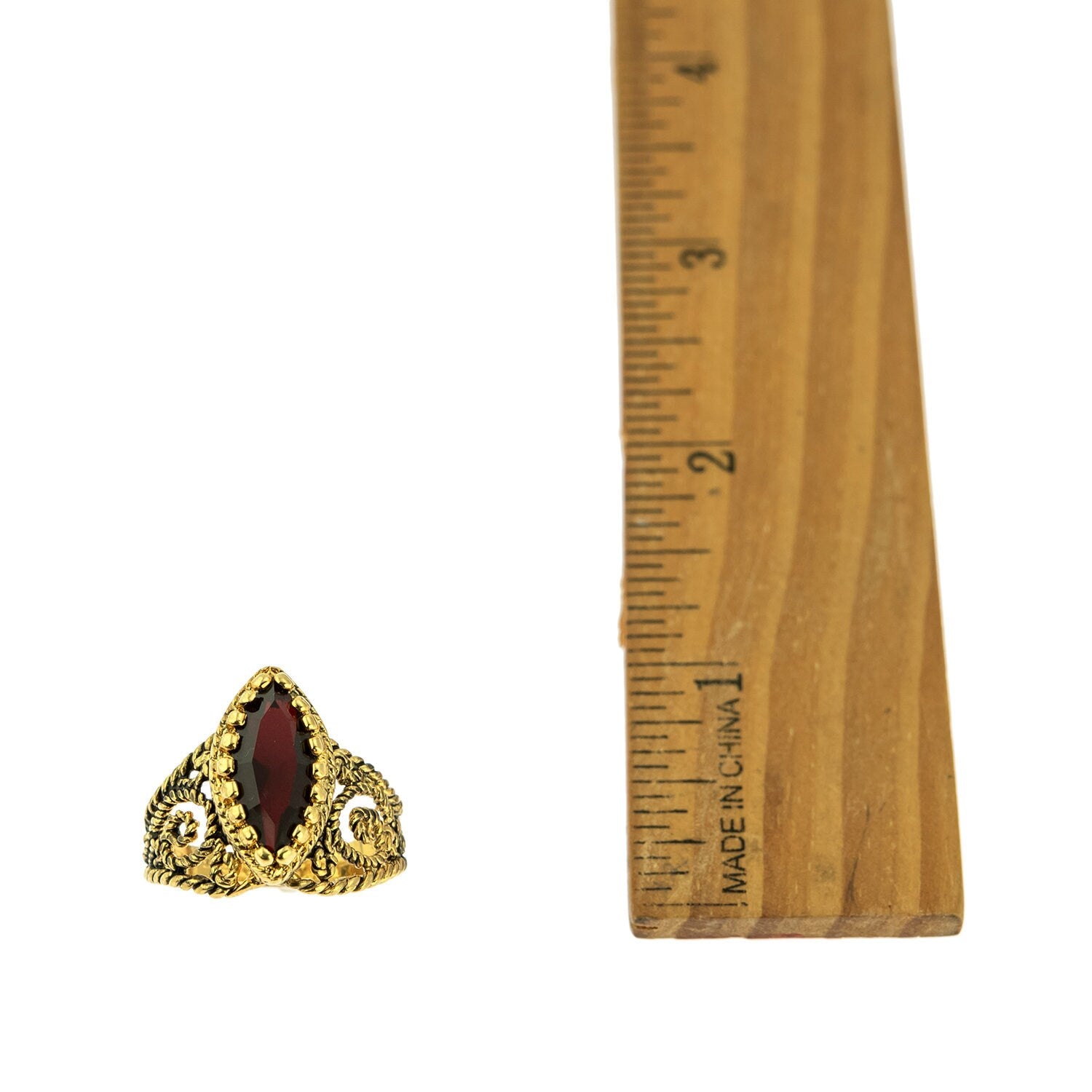 Vintage Edwardian Style Filigree Ring with Garnet Austrian Crystal – 18k Gold Electroplated jewelry image 1