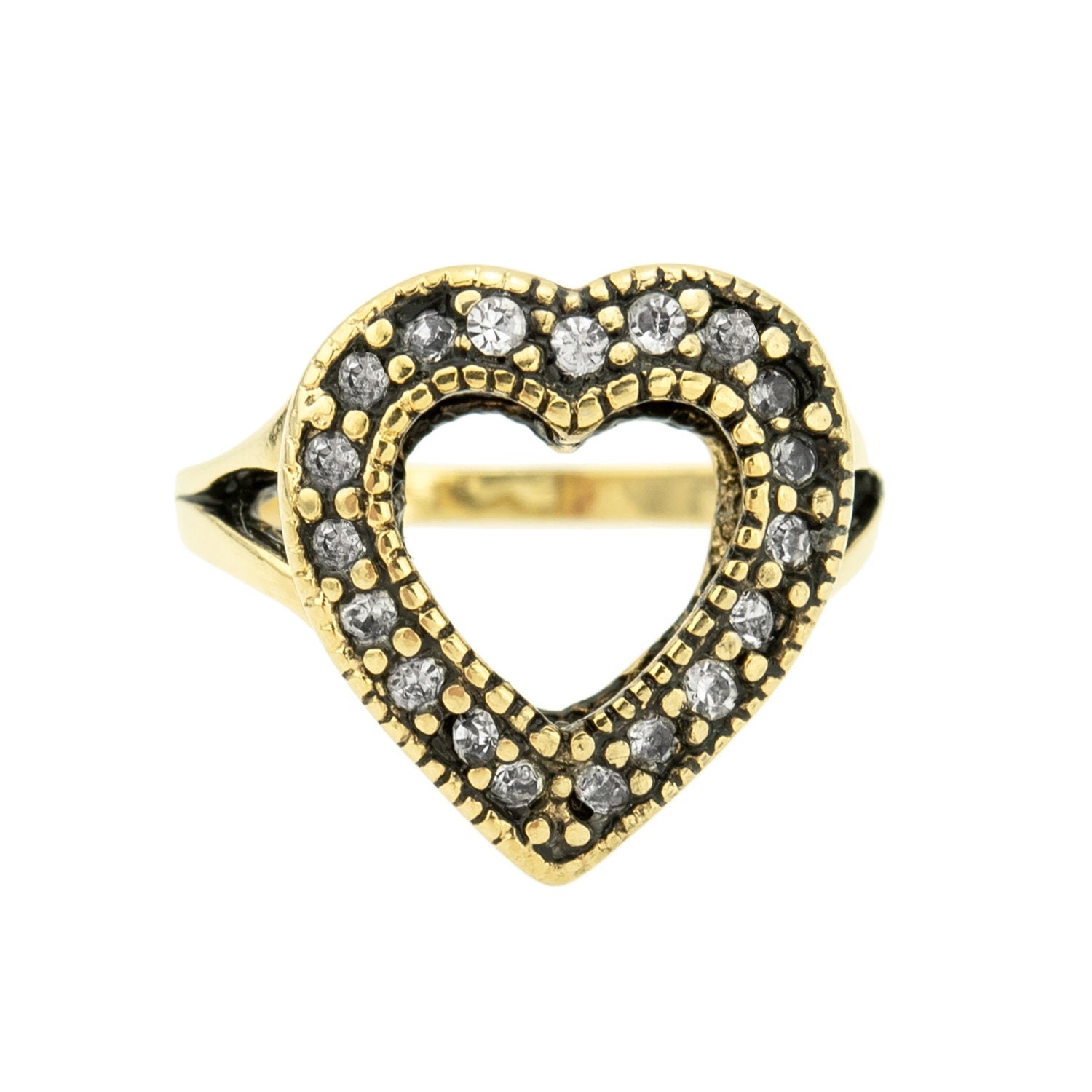Vintage Clear Austrian Crystal Open Heart Ring - 18kt Yellow Gold Electroplated - Made in USA jewelry image 1
