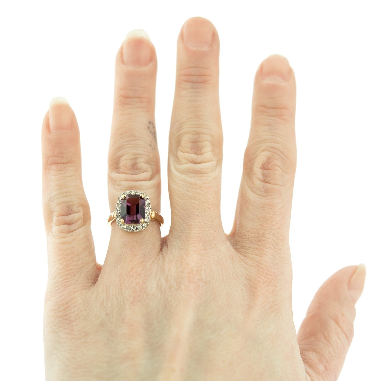 Vintage 18k Yellow Gold Electroplated Amethyst Austrian Crystal Cocktail Ring jewelry image 1