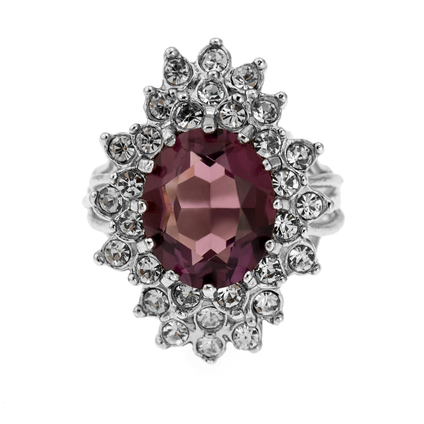 Vintage Amethyst and Clear Austrian Crystal 18k White Gold Electroplated Cocktail Ring - Made in USA jewelry image 1
