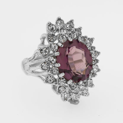 Vintage Amethyst and Clear Austrian Crystal 18k White Gold Electroplated Cocktail Ring - Made in USA jewelry image 1