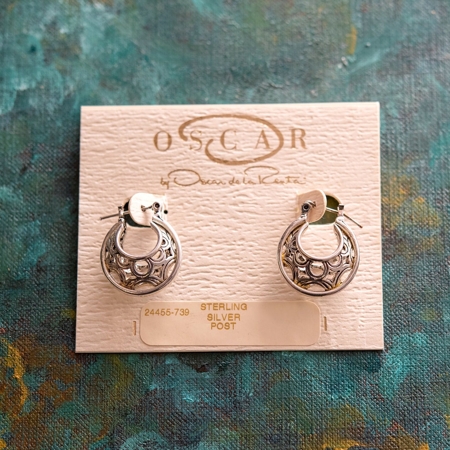 Vintage Oscar de la Renta Antiqued Silver Tone Filigree Hoop Earrings jewelry image 1