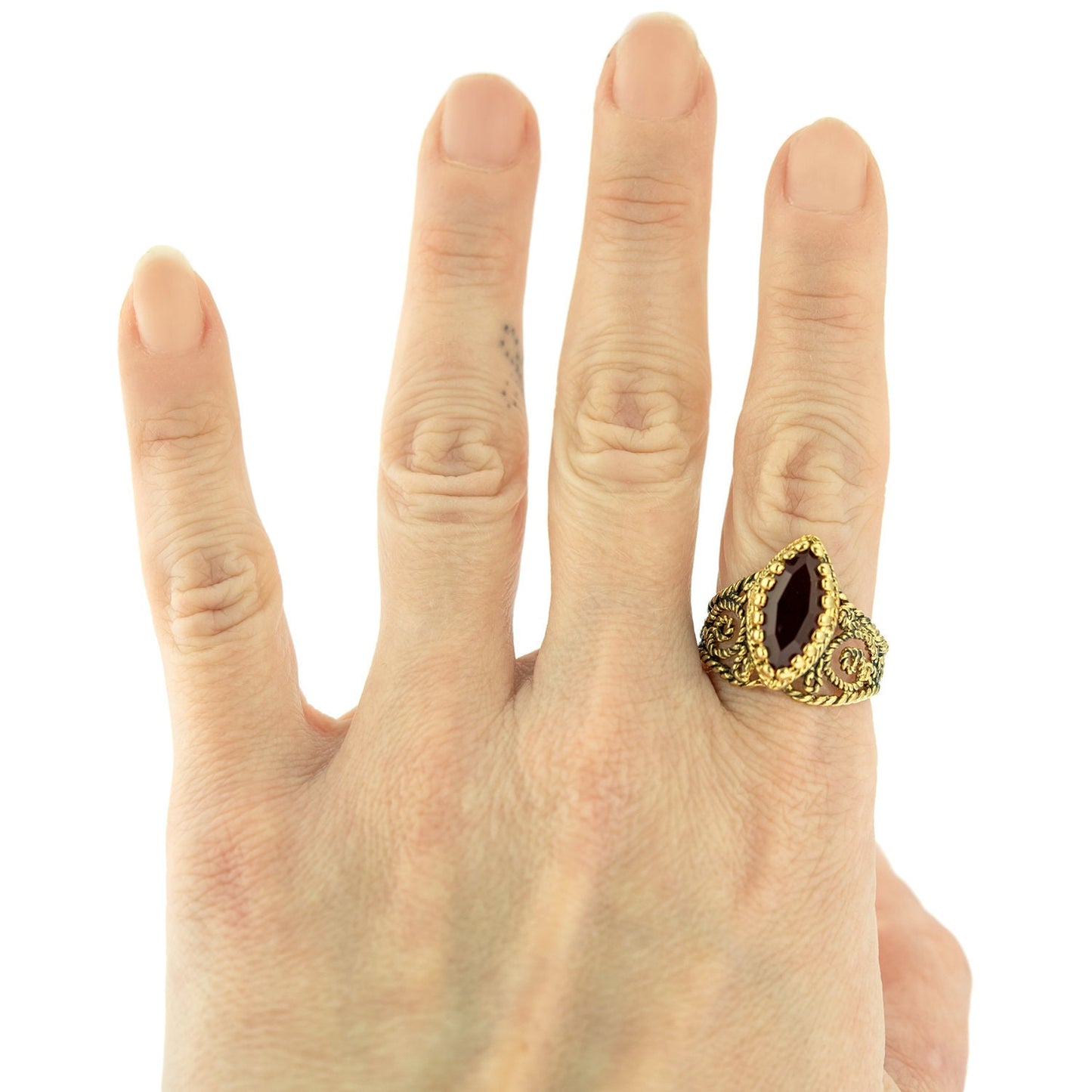 Vintage Edwardian Style Filigree Ring with Garnet Austrian Crystal – 18k Gold Electroplated jewelry image 1