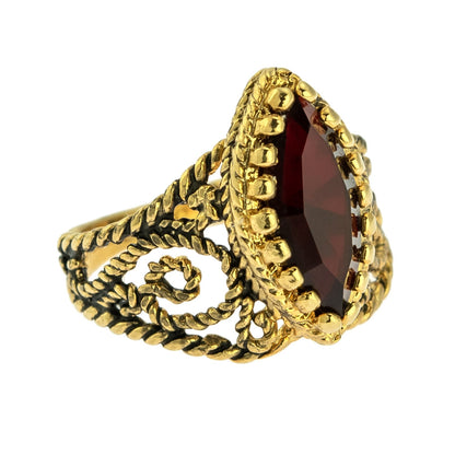 Vintage Edwardian Style Filigree Ring with Garnet Austrian Crystal – 18k Gold Electroplated jewelry image 1
