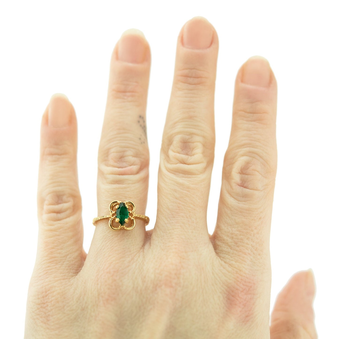 Vintage Marquise Cut Emerald Austrian Crystal Ring - 18k Yellow Gold Electroplated - Made in USA jewelry image 1