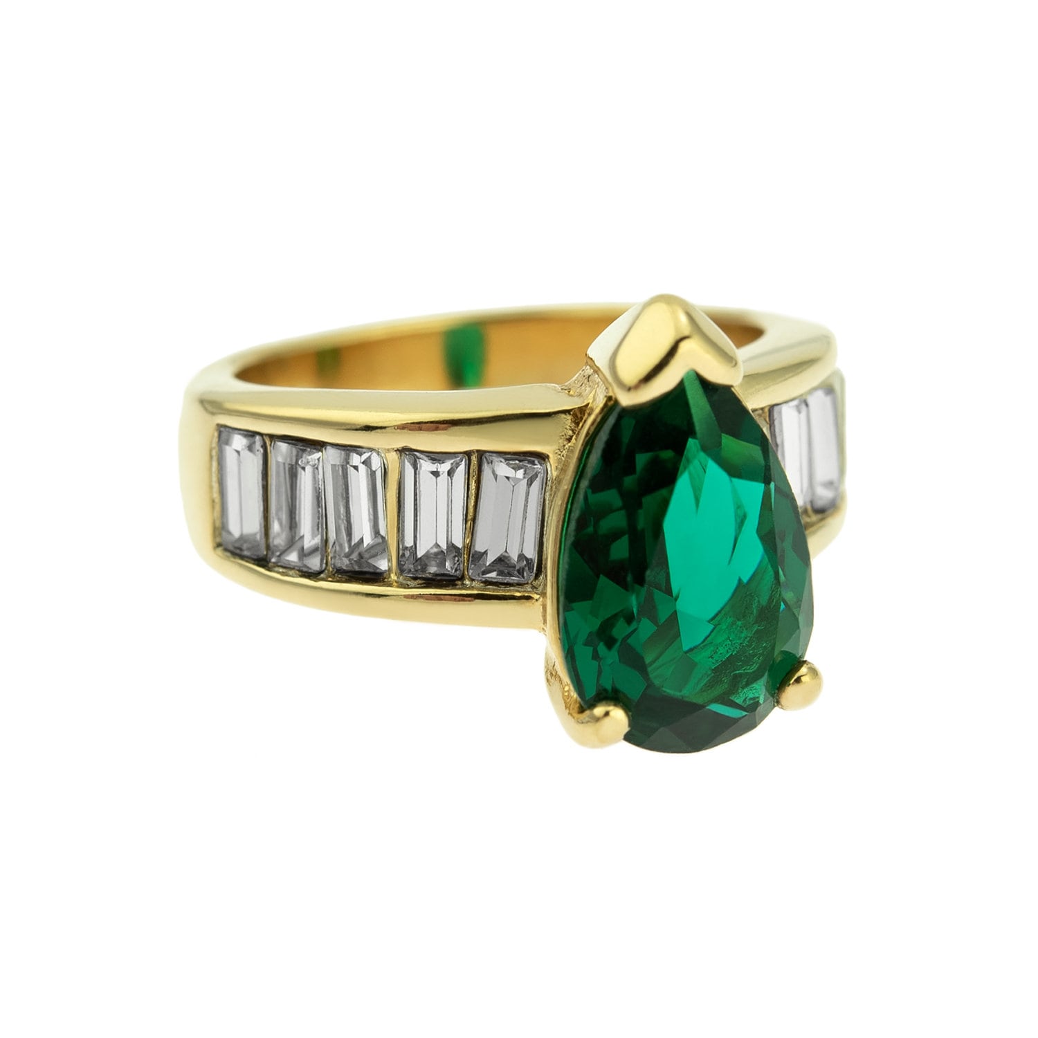 Vintage 1970s Emerald Green and Clear Austrian Crystal Cocktail Ring - 18k Yellow Gold Electroplated jewelry image 1