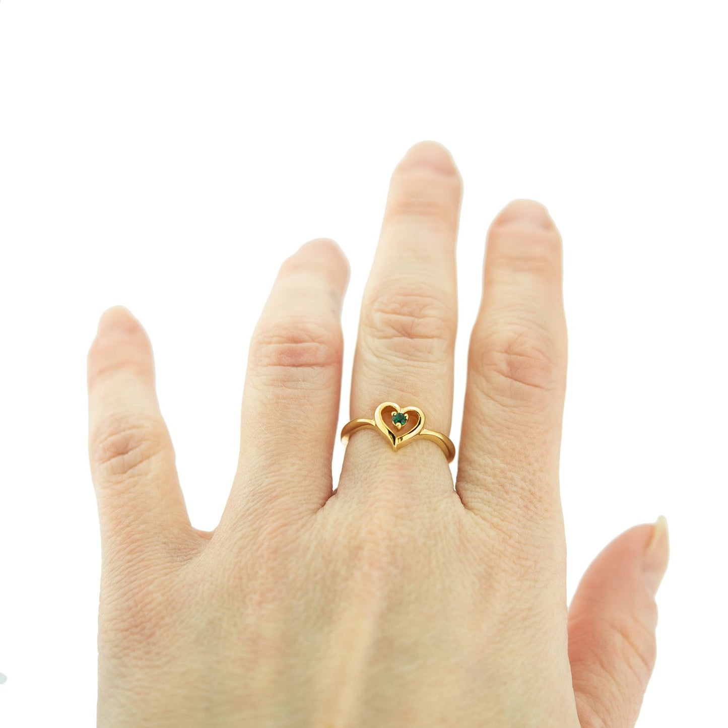 Vintage 1970s Heart Ring with Emerald Green Crystal - 18k Gold Electroplated - Made in USA jewelry image 1