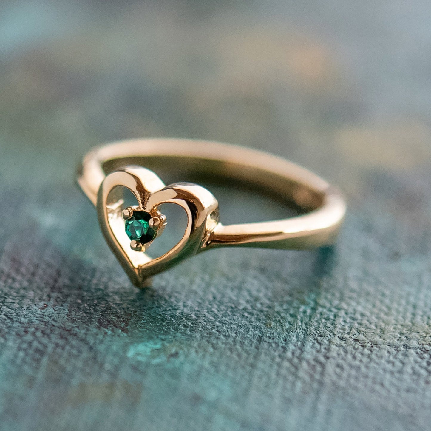 Vintage 1970s Heart Ring with Emerald Green Crystal - 18k Gold Electroplated - Made in USA jewelry image 1