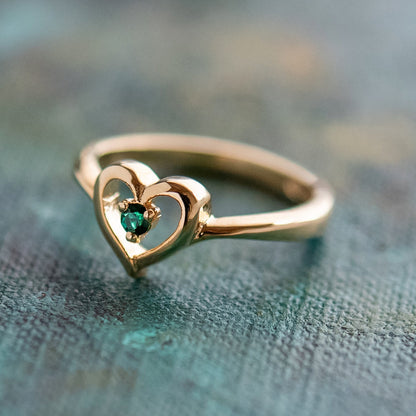 Vintage 1970s Heart Ring with Emerald Green Crystal - 18k Gold Electroplated - Made in USA jewelry image 1