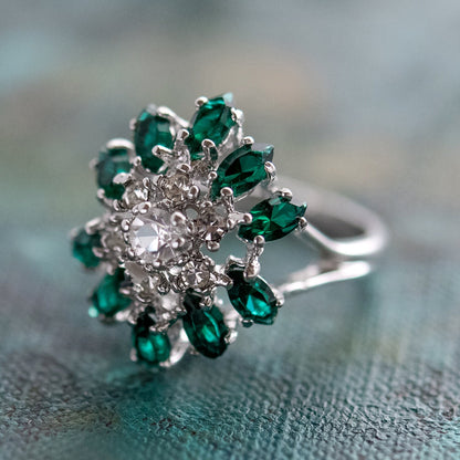 Vintage 1970s Emerald Green & Clear Austrian Crystal Cluster Ring - 18kt White Gold Electroplated jewelry image 1