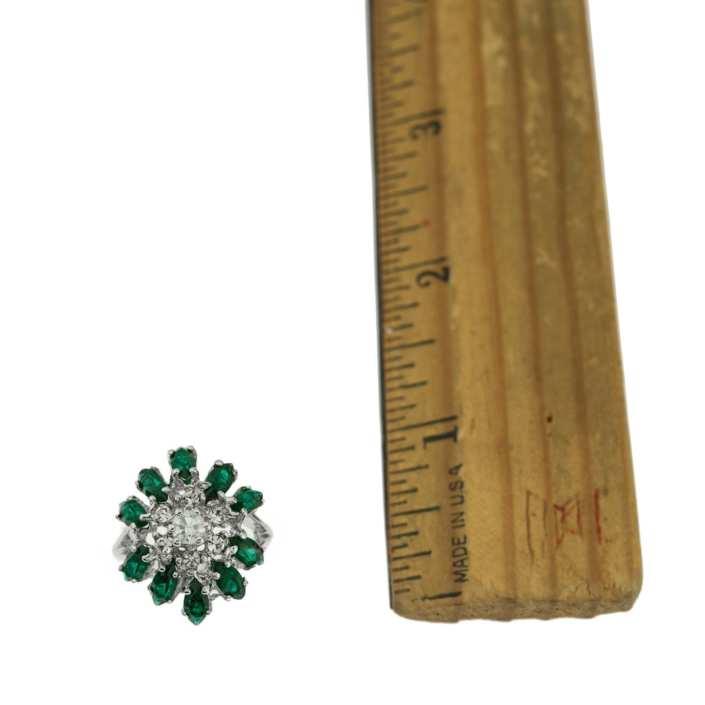 Vintage 1970s Emerald Green & Clear Austrian Crystal Cluster Ring - 18kt White Gold Electroplated jewelry image 1