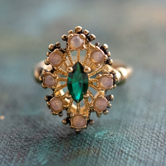 Vintage Marquise Cut Emerald Crystal Cocktail Ring with Pinfire Opals – 18k Gold Electroplated jewelry image 1