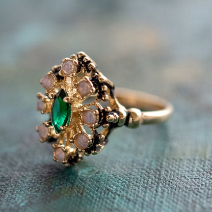 Vintage Marquise Cut Emerald Crystal Cocktail Ring with Pinfire Opals – 18k Gold Electroplated jewelry image 1