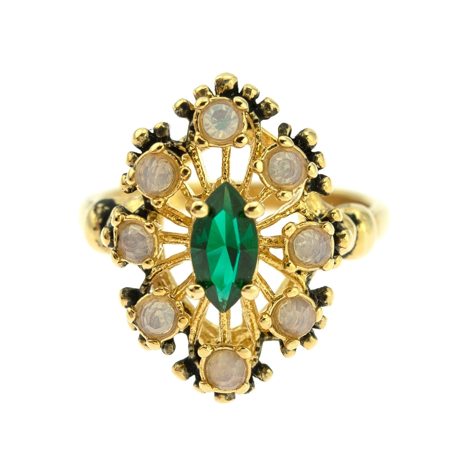 Vintage Marquise Cut Emerald Crystal Cocktail Ring with Pinfire Opals – 18k Gold Electroplated jewelry image 1