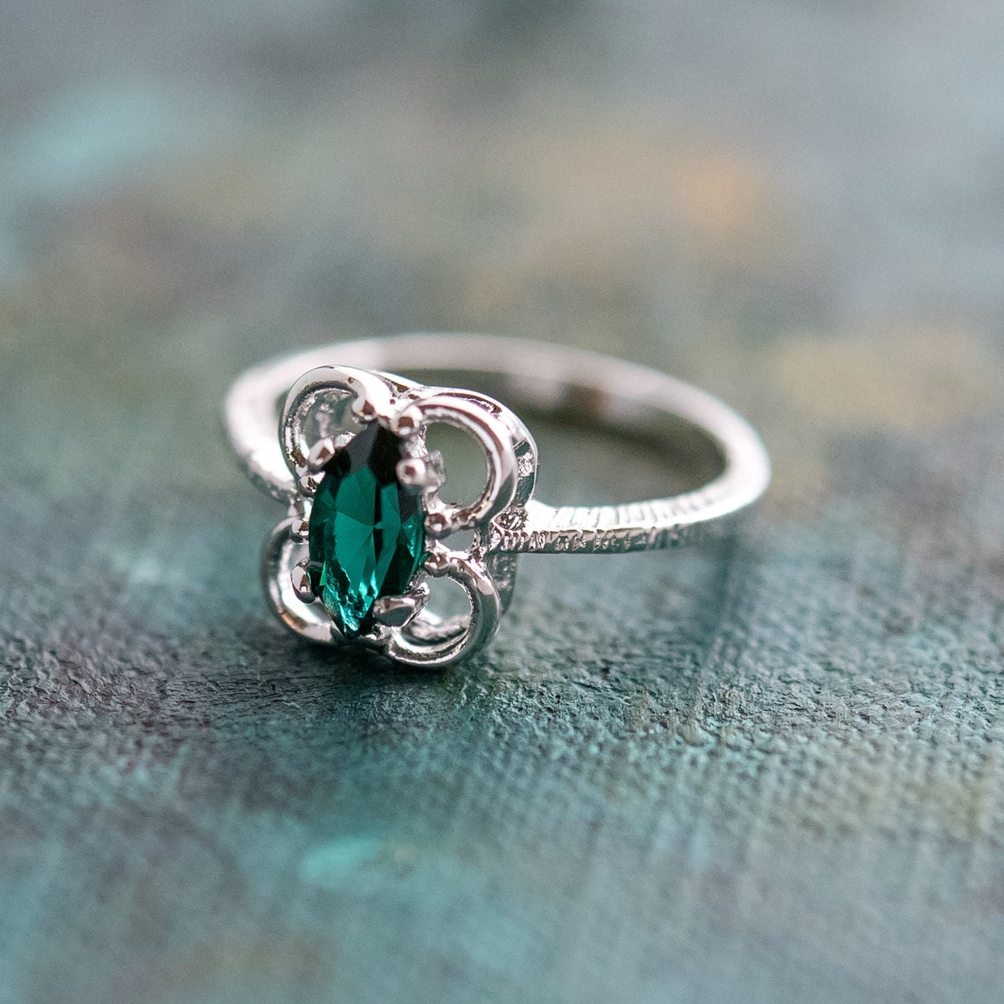 Vintage Marquise Cut Emerald Austrian Crystal Ring - 18k White Gold Electroplated - Made in USA jewelry image 1