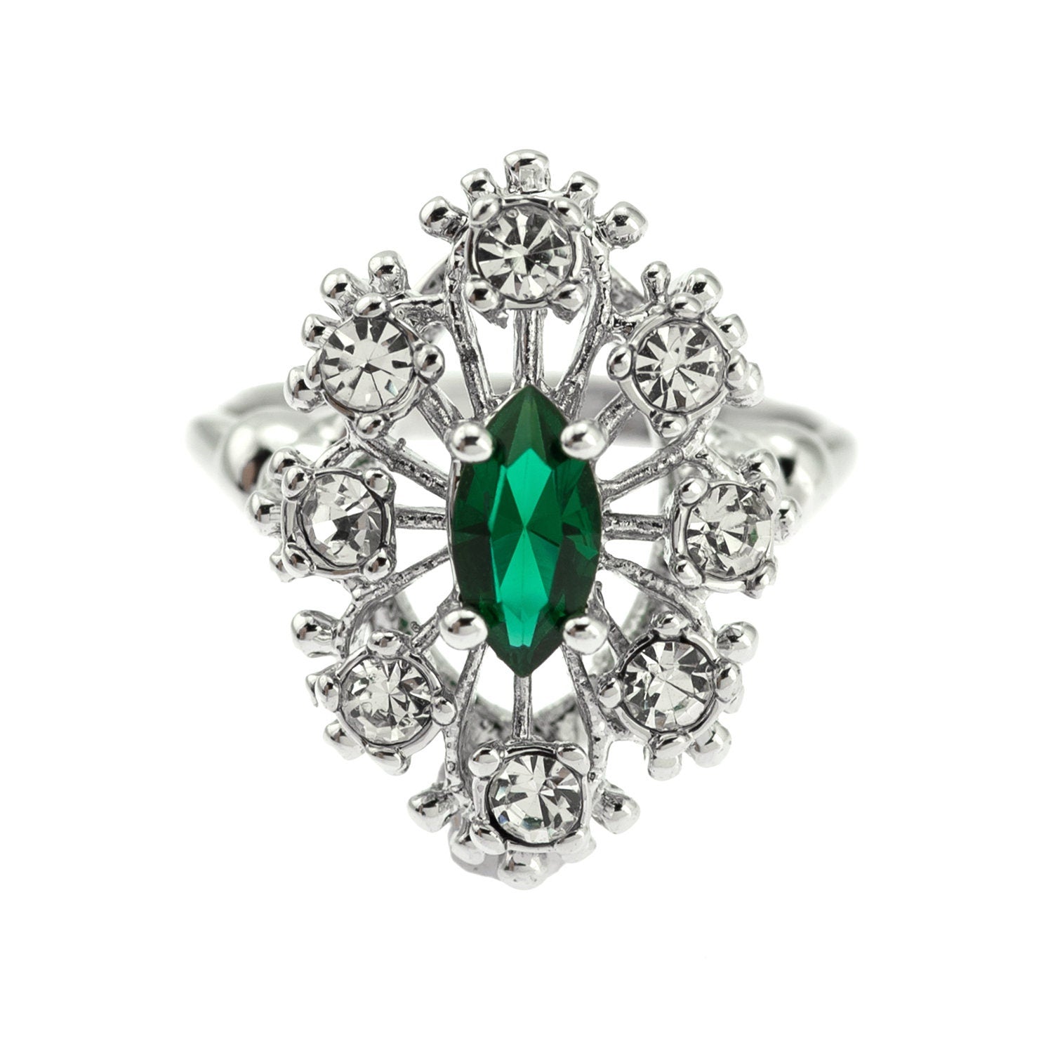Vintage Marquise Cut Emerald Crystal Cocktail Ring with Clear Crystals - 18k White Gold Electroplated jewelry image 1