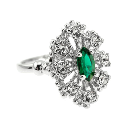 Vintage Marquise Cut Emerald Crystal Cocktail Ring with Clear Crystals - 18k White Gold Electroplated jewelry image 1