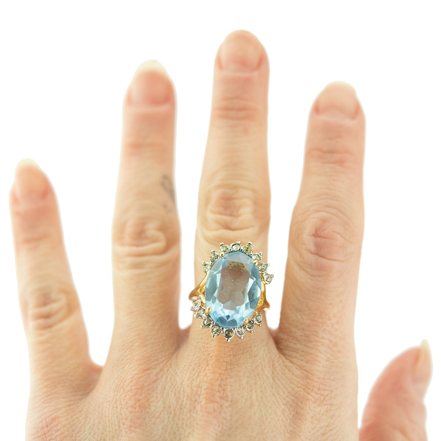 Vintage Aquamarine and Clear Austrian Crystal Ring - 18k Yellow Gold Electroplated - Made in USA jewelry image 1
