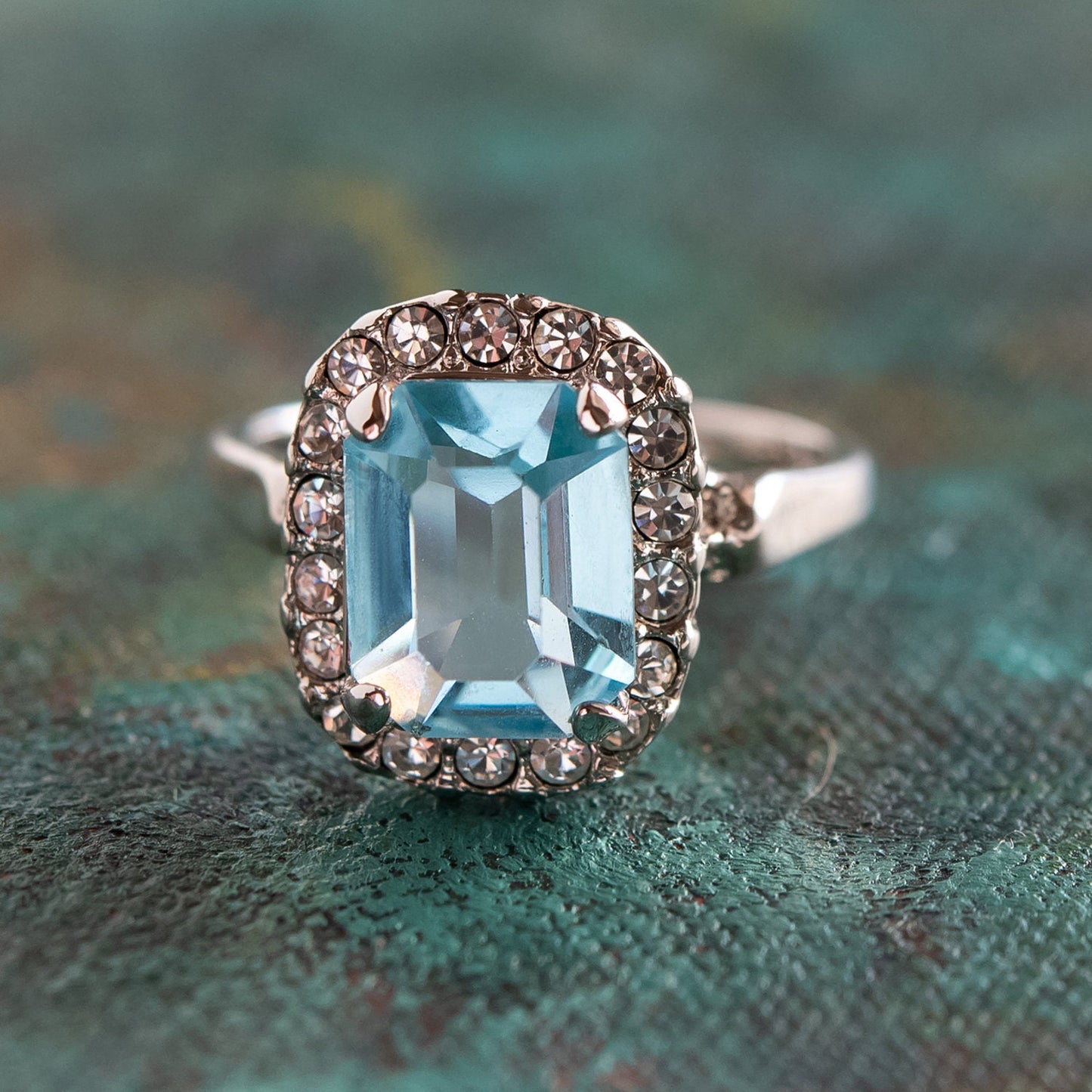 Vintage 1970s Aquamarine Austrian Crystal Ring - 18k White Gold Plated March Birthstone jewelry image 1