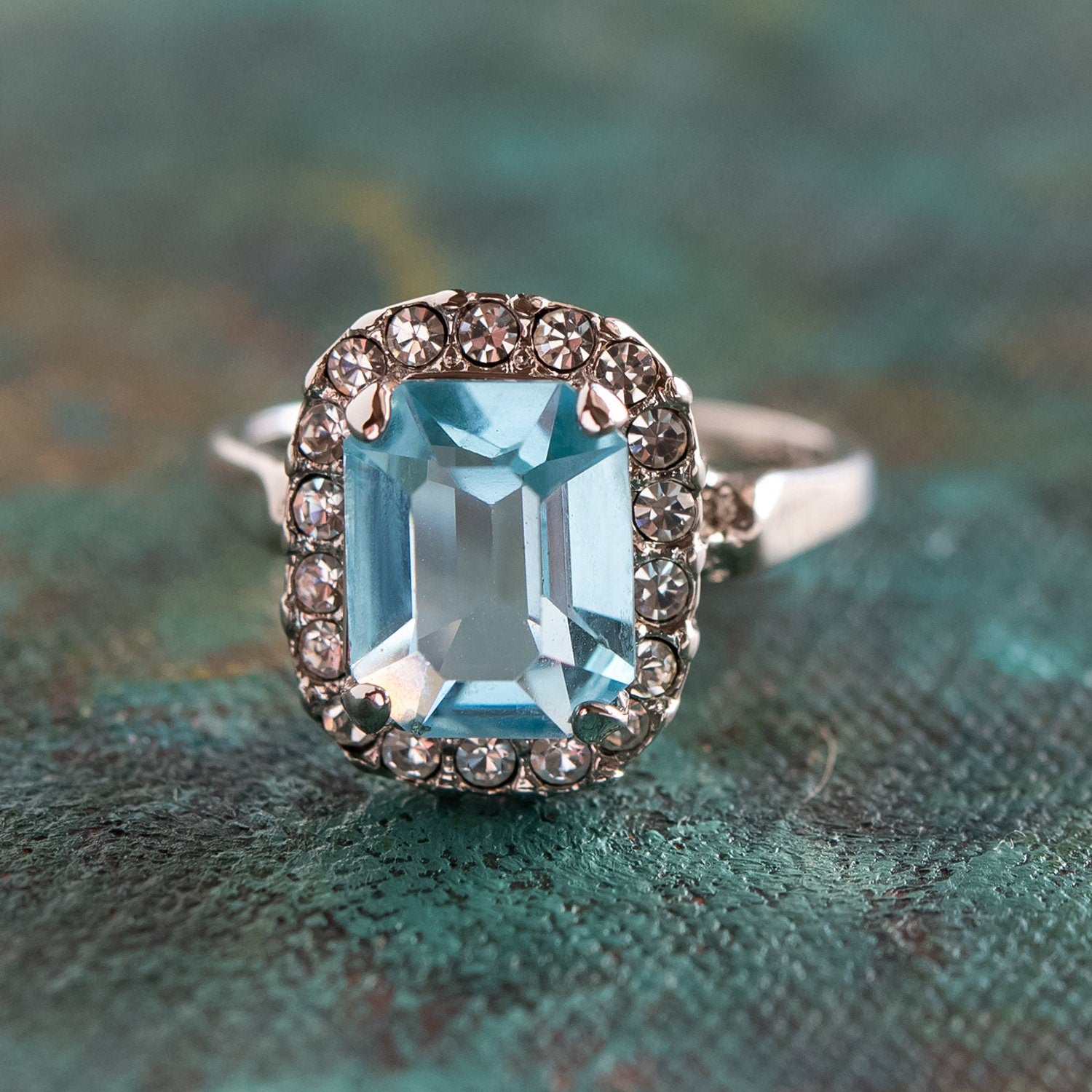 Vintage 1970s Aquamarine Austrian Crystal Ring - 18k White Gold Plated March Birthstone jewelry image 1