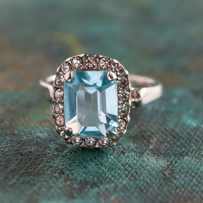 Vintage 1970s Aquamarine Austrian Crystal Ring - 18k White Gold Plated March Birthstone jewelry image 1