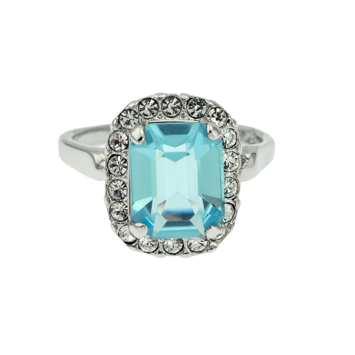 Vintage 1970s Aquamarine Austrian Crystal Ring - 18k White Gold Plated March Birthstone jewelry image 1