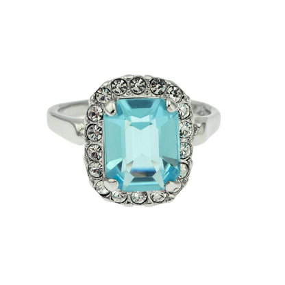 Vintage 1970s Aquamarine Austrian Crystal Ring - 18k White Gold Plated March Birthstone jewelry image 1