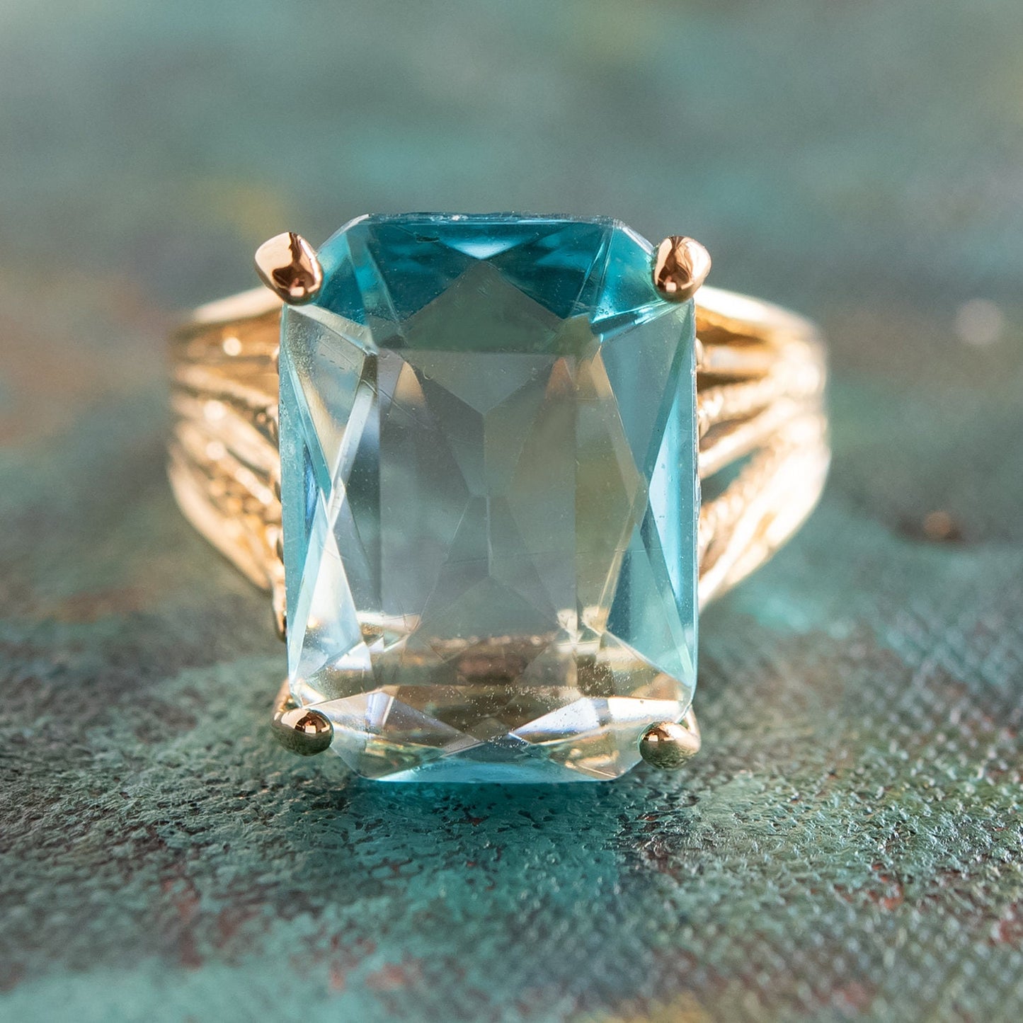 Vintage 1970s Aquamarine Austrian Crystal 18k Gold Electroplated Cocktail Ring – Made in USA jewelry image 1