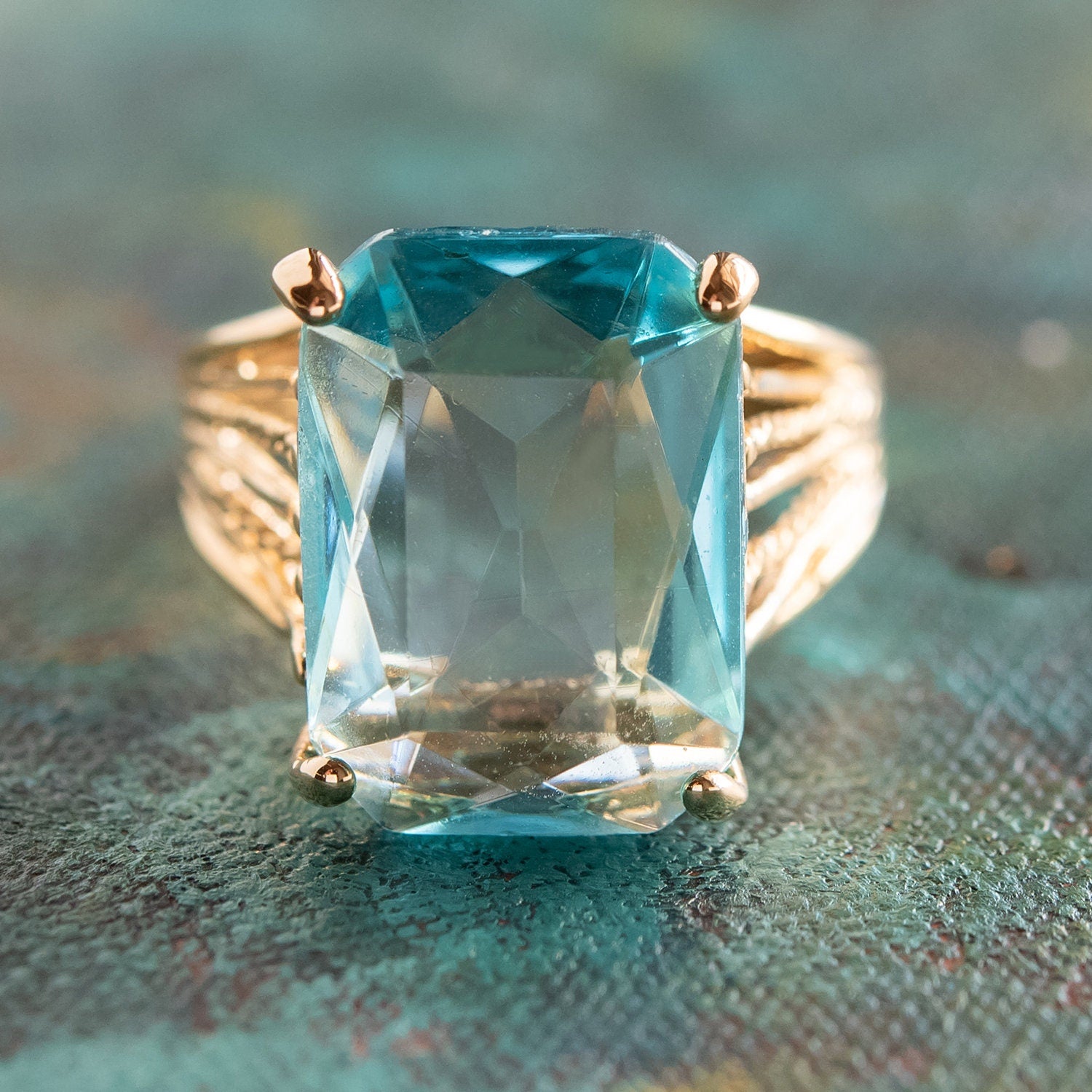 Vintage 1970s Aquamarine Austrian Crystal 18k Gold Electroplated Cocktail Ring – Made in USA jewelry image 1