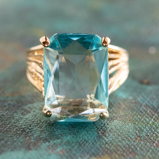 Vintage 1970s Aquamarine Austrian Crystal 18k Gold Electroplated Cocktail Ring – Made in USA jewelry image 1