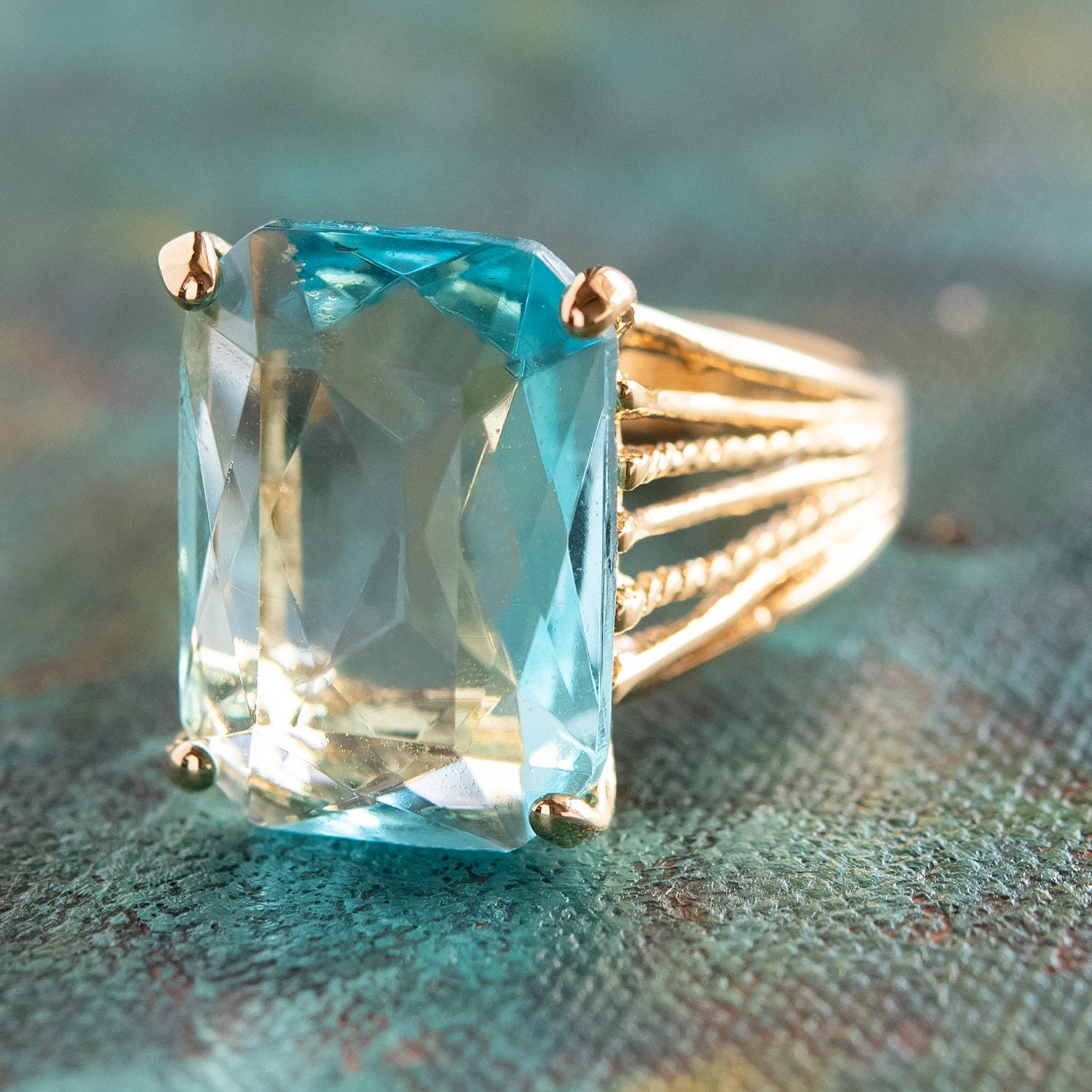 Vintage 1970s Aquamarine Austrian Crystal 18k Gold Electroplated Cocktail Ring – Made in USA jewelry image 1