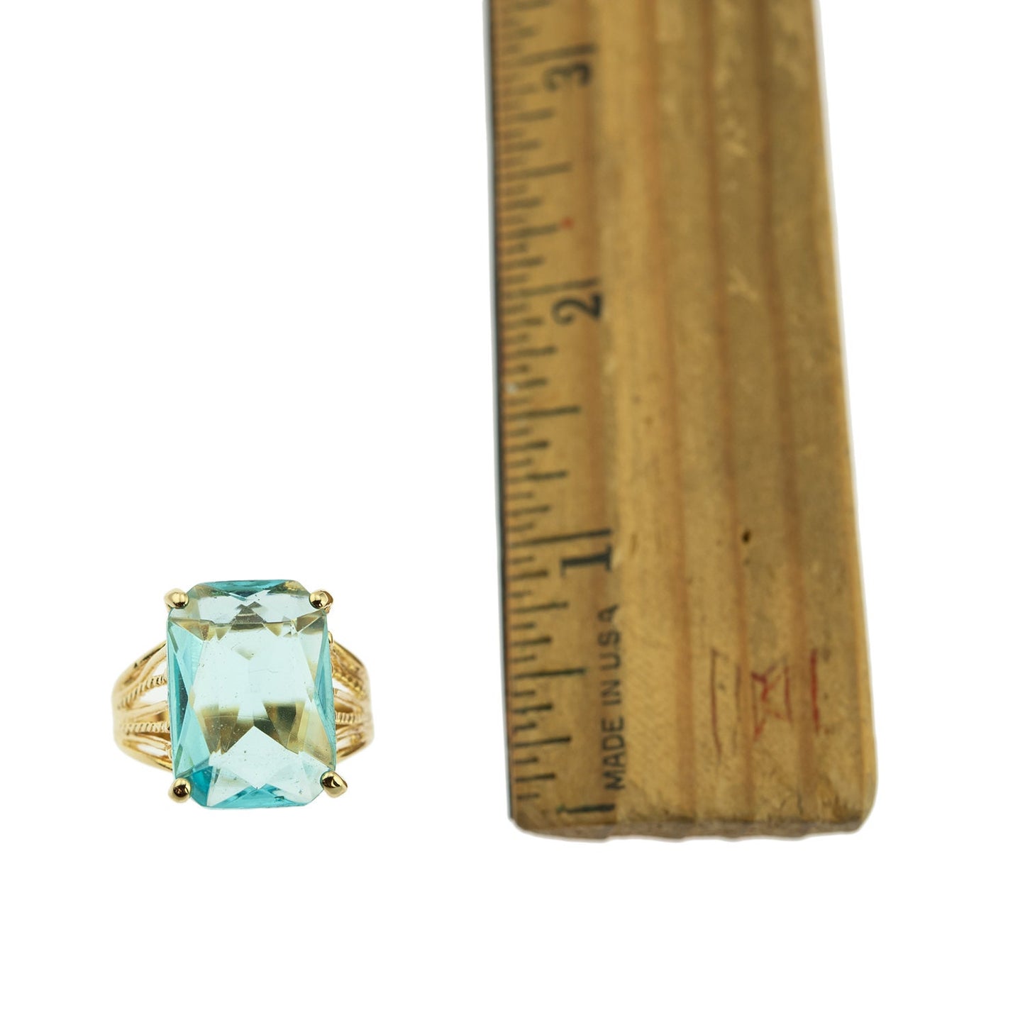Vintage 1970s Aquamarine Austrian Crystal 18k Gold Electroplated Cocktail Ring – Made in USA jewelry image 1