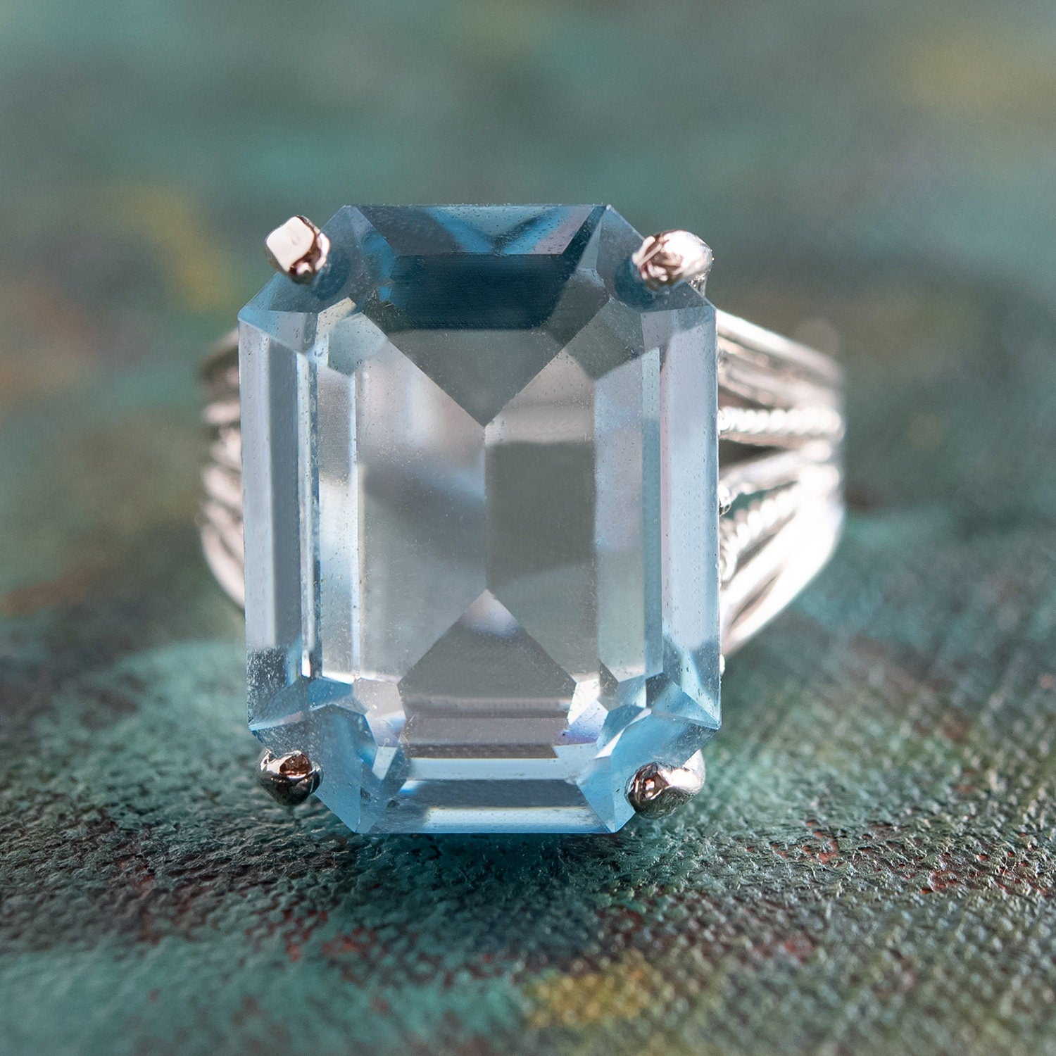 Vintage 1970s Aquamarine Austrian Crystal 18k White Gold Electroplated Cocktail Ring Made in USA jewelry image 1