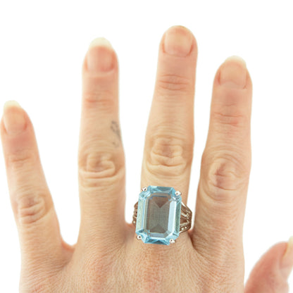 Vintage 1970s Aquamarine Austrian Crystal 18k White Gold Electroplated Cocktail Ring Made in USA jewelry image 1